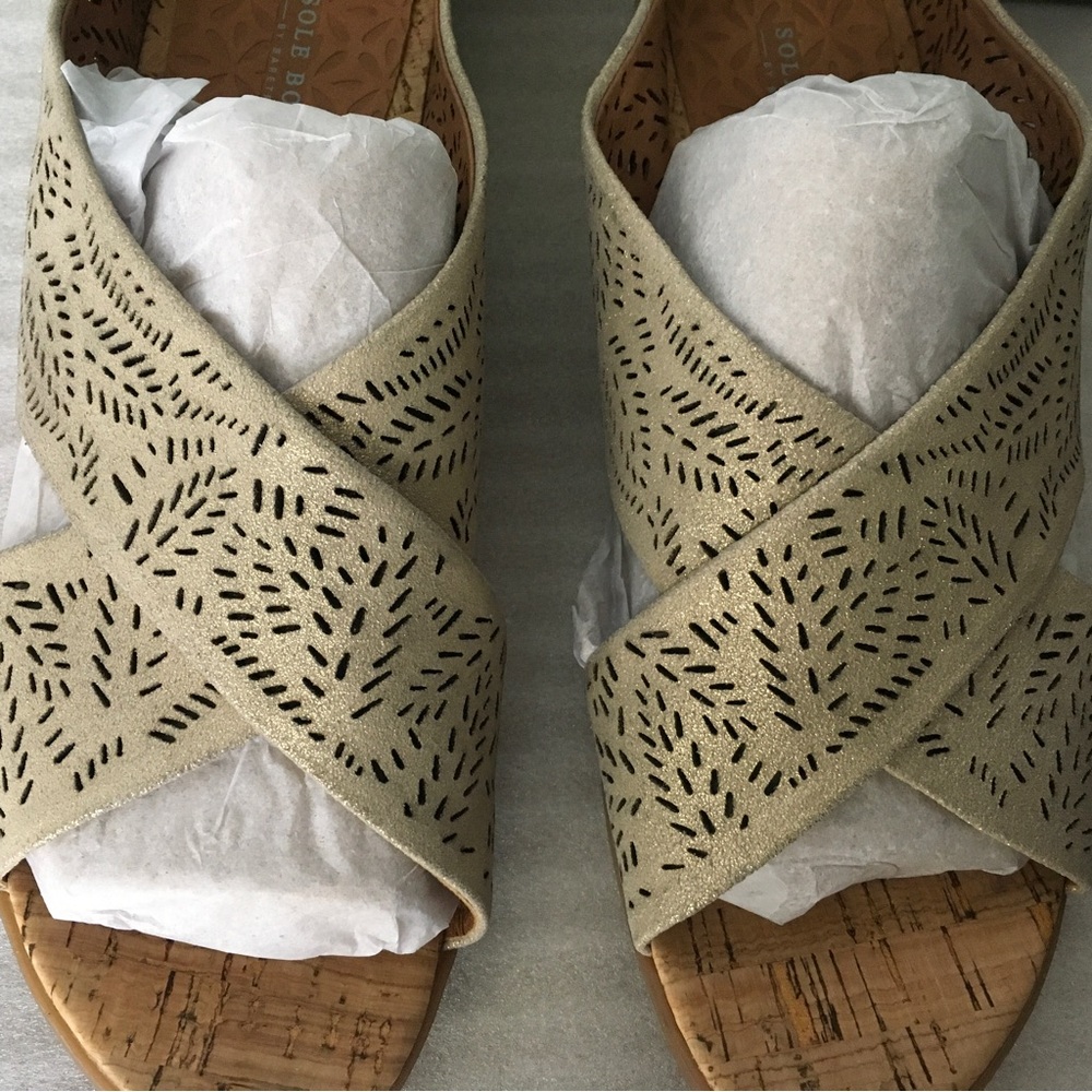 NWT Women’s Sole Bound by Baretraps Dafni Gold Leather Slide Sandals Size 9.5